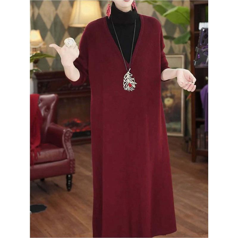 2026 Spring Plus Size Women s Wine Red Knit Dress 5XL