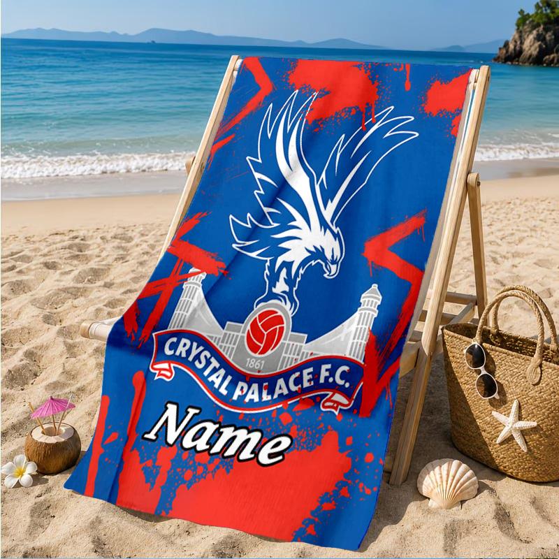 Custom Name Beach Towel Crystal Palace Crest Art Microfiber Beach Towel, Lightweight for Summer Travel, Swimming Pool Fan Birthday Gift