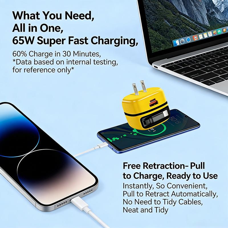 65W PD Fast Charger with Retractable Cable & Foldable Plug for Super Fast Mobile Charging