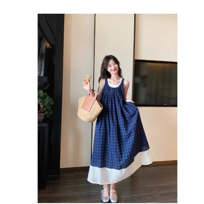 Blue plaid sleeveless dress French literary style Mori retro small fresh holiday suspender vest long dress