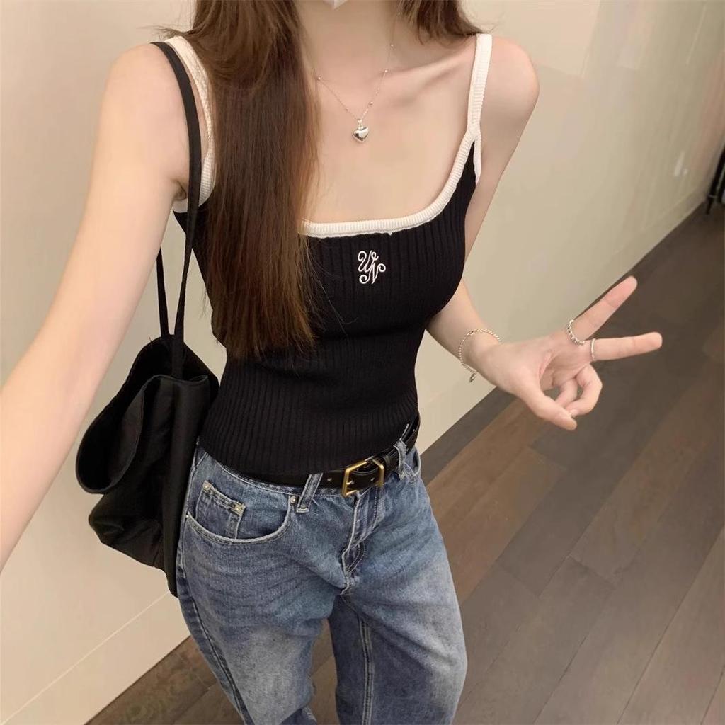 Červený nápis Vyšívaný Barevný Blok Tank Top - Dámský Zeštíhlující Bez rukávů Letní Styl