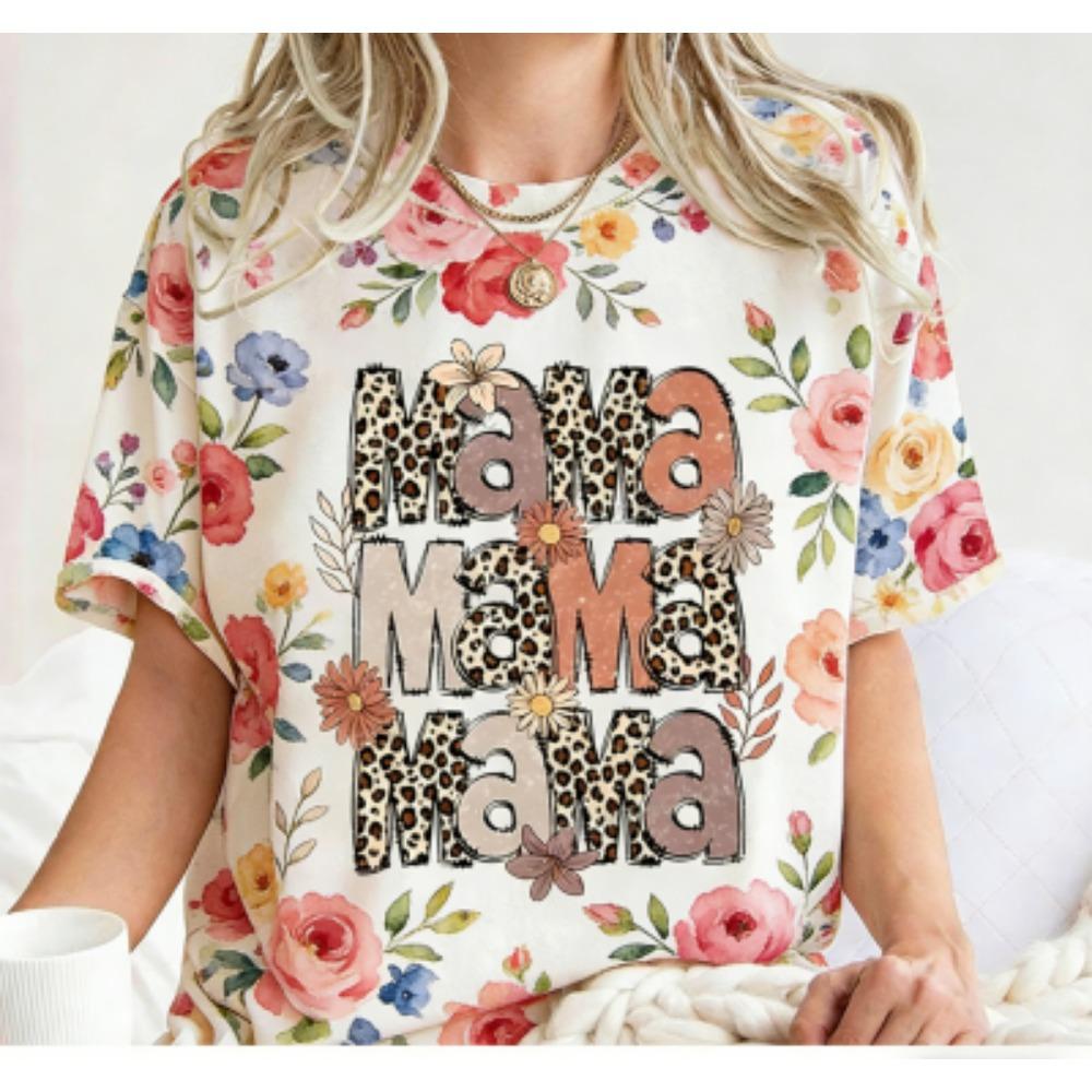 Fashion Funny Flower Leopard Mama Letter Print Women's Short Sleeves T-Shirt Loose Casual Summer Outdoor Street Women's Tees Tops
