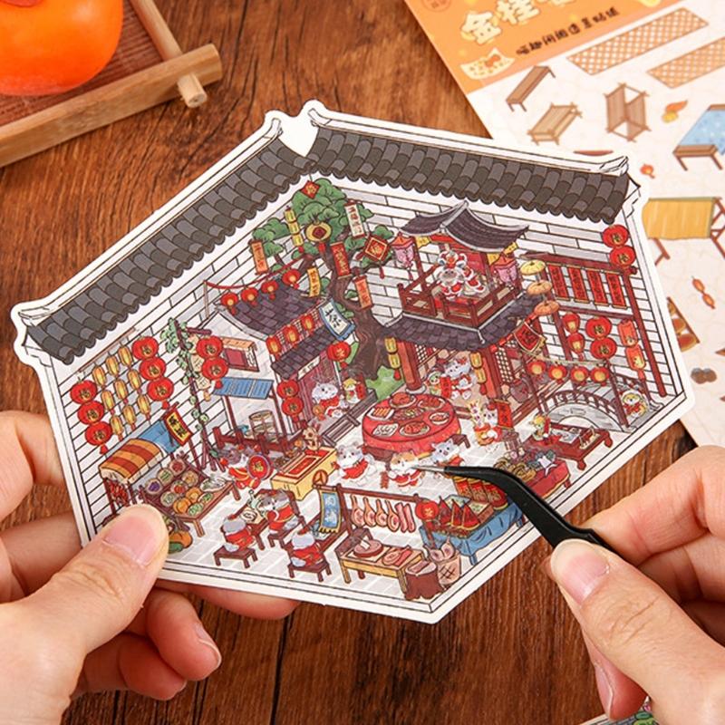 Retro Courtyard Decorative Sticker Chinese Style Landscape Sticker 3D Scene Sticker Journal Supplies Gift for Kid Child