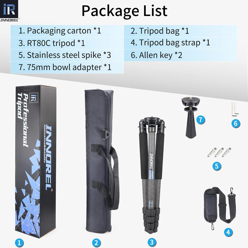INNOREL Carbon Tripod Camera Nut Lock Type Load Capacity 20KG 4 Tiers Telescopic Panoramic Tube Diameter Bowl Adapter Video Digital Camera SLR Digital