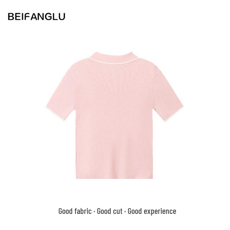 Summer Color Block Polo Neck Knit: Northern Deer Lyocell-Cotton-Linen Short Sleeve