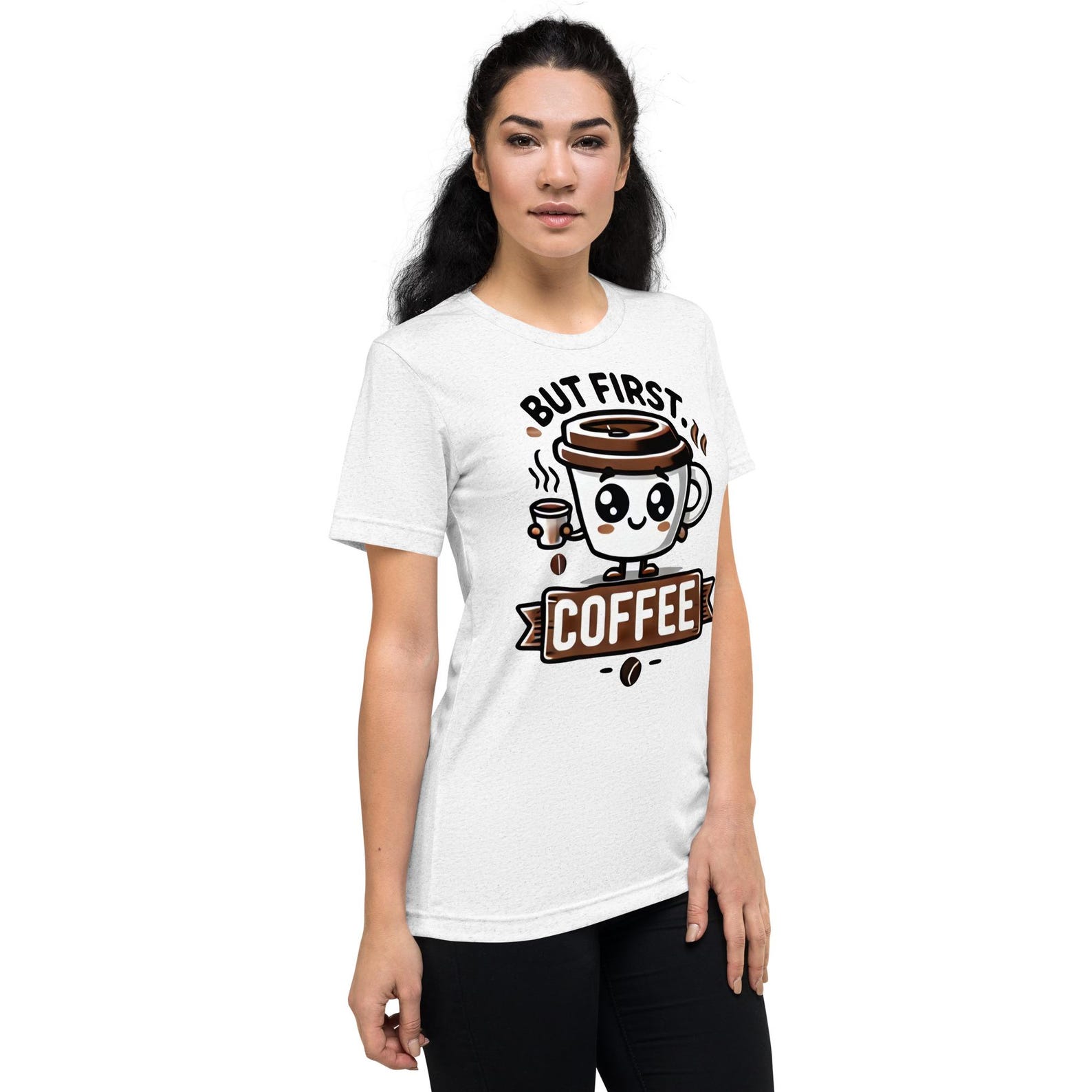 Cute But First, Coffee T-Shirt – Fun Coffee Lover Graphic Tee – Soft Vintage Tri-Blend Shirt S