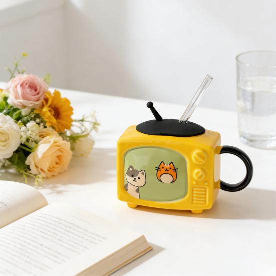 Retro Cat TV Ceramic Mug with Lid & Straw 450ml Cute Coffee Cup Leak-Proof Heat Resistant TV Shape Milk Beer Mugs Novelty Gift Home Decor