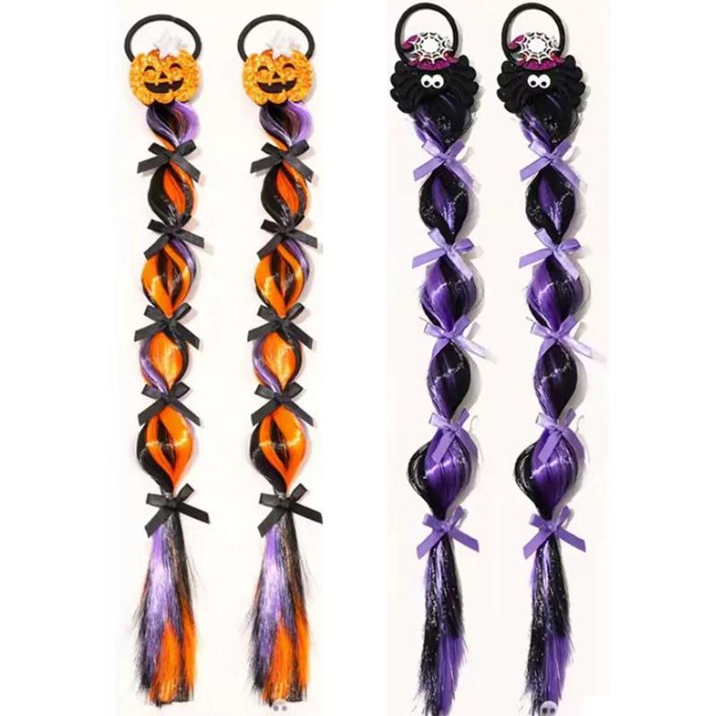 2 Pcs Halloween Fashion Lantern Braid Wig Hair Ties For Girls With Pumpkin And Spider Elements Fun Hair Accessories
