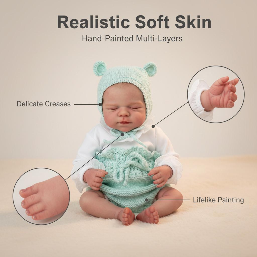 49cm Reborn Baby Doll Mint Green Bear Hat Outfit Boy Vinyl Baby