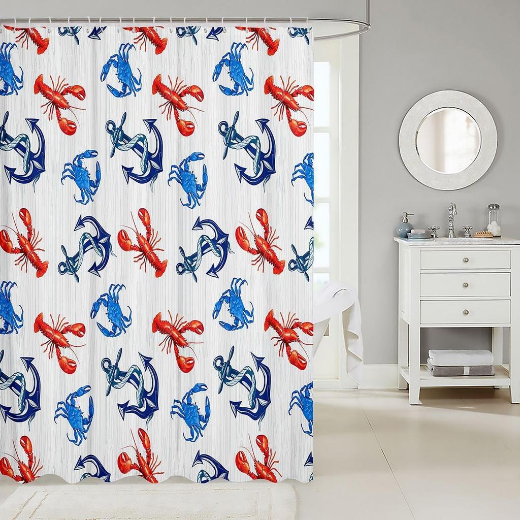 Wasserdichter Duschvorhang mit nautischem Hummer-Anker-Muster 180x180cm - Lustiger Stoff-Badevorhang mit Meeres-Thema für Kinder & Erwachsene