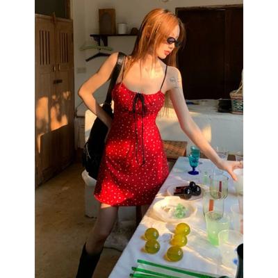 Red Seaside Resort Style Floral Suspender Dress Hot Girl Waist Tight Fashion Short Skirt