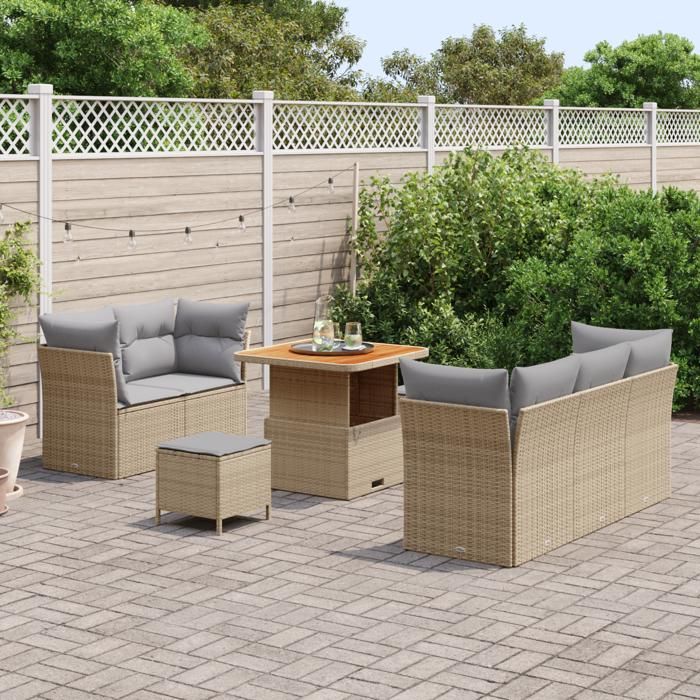 Ensemble de canapé de jardin 8 pièces avec coussins beige Poly Rattan Acacia, Ensemble de salle à manger jardin 3 pièces 3363377