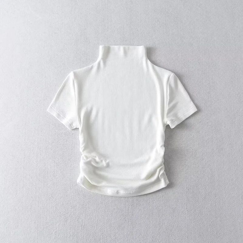 Latte Girl s Small Turtleneck Tight Short-Sleeved T-shirt Fashion Style Women s New Solid Color Waist Tight Stretch Sexy Thread White S