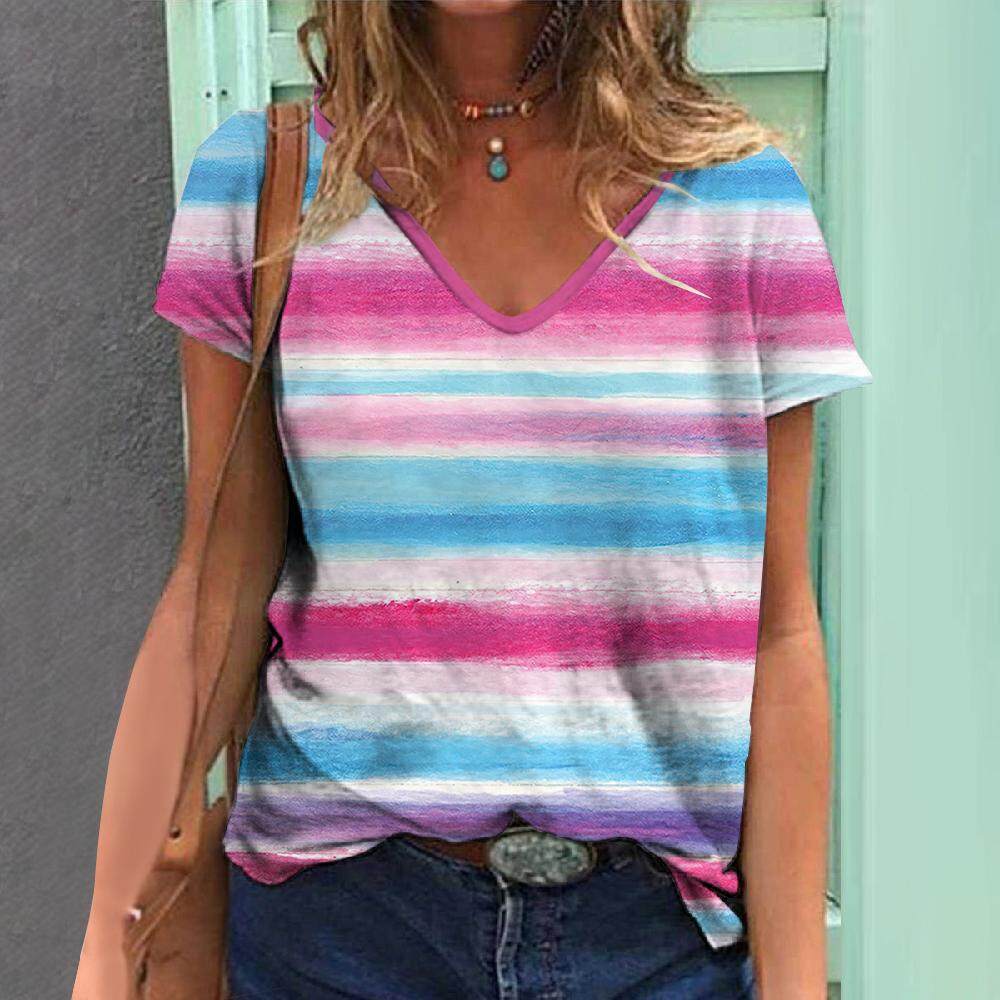Bedrucktes Damen V-Ausschnitt Kurzarm Sommer 3D Gestreiftes Top Damen T-Shirt