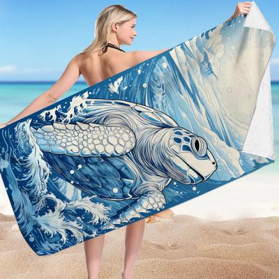 Turtle Print Pattern Digital-printed Polyester Superfine Fiber Double-sided Fleece Beach Vacation Bath Towel, Beach Towel