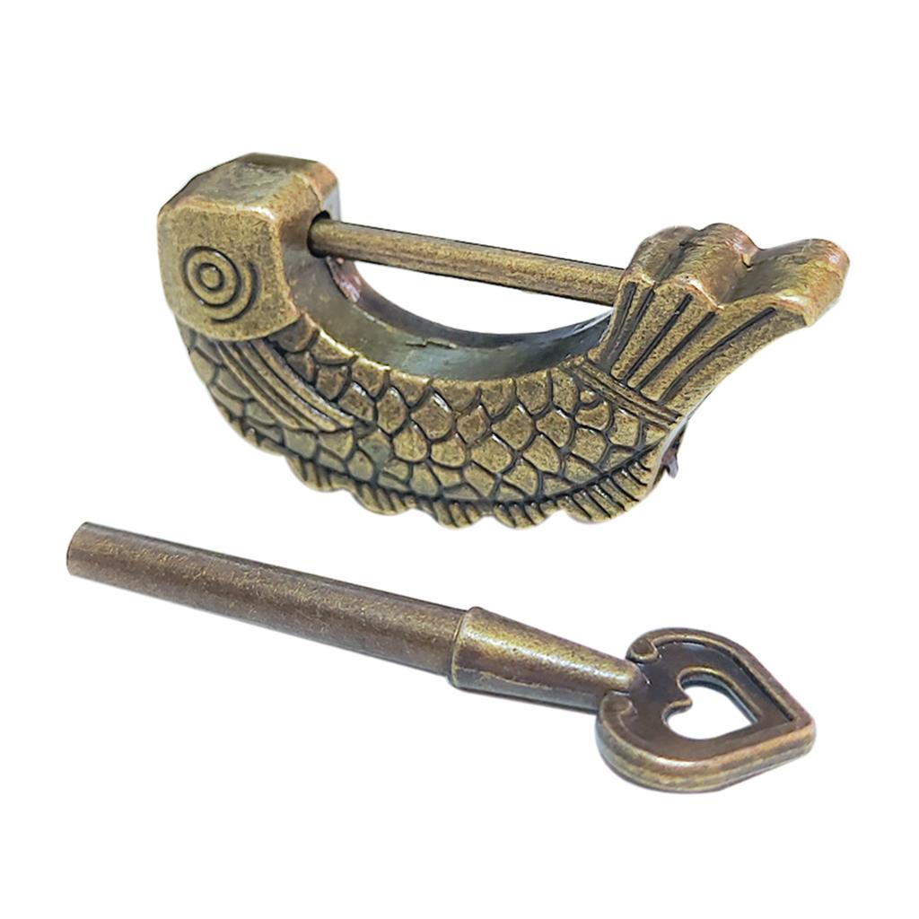 Vintage Fish Shape Padlock with Key Bronze Antique Lock Bronze Fish Design Lock for Wooden Suitcases & Jewelry Boxes