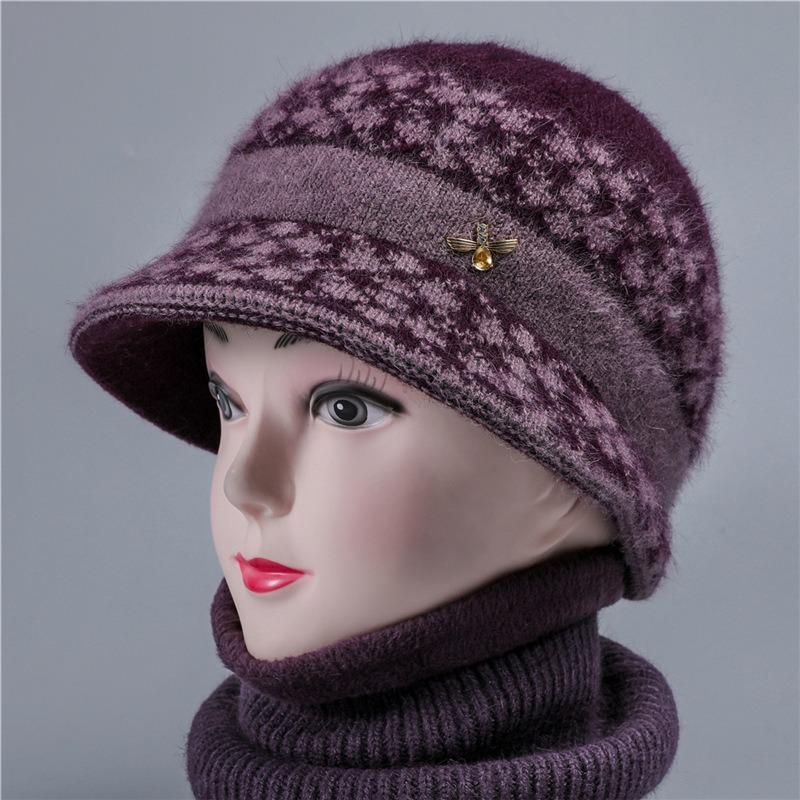 Winter hat women's fleece thickened thermal ear protection hat big brim old lady knitted wool hat