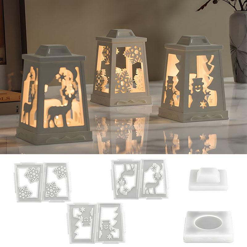 Christmas Silicone Mold DIY Lantern Shape with Deer Snowflake Design for Gypsum Candle Ornament Resin Epoxy Mould Home Decor