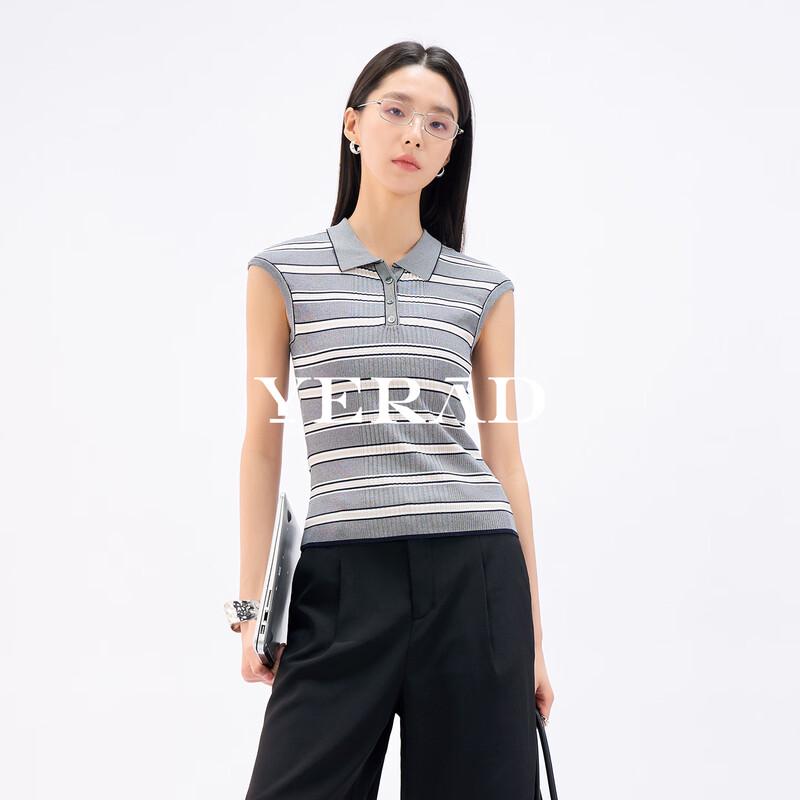 Top de Punto Rayado Elegante Sencillo con Cuello Polo para Mujer YERAD