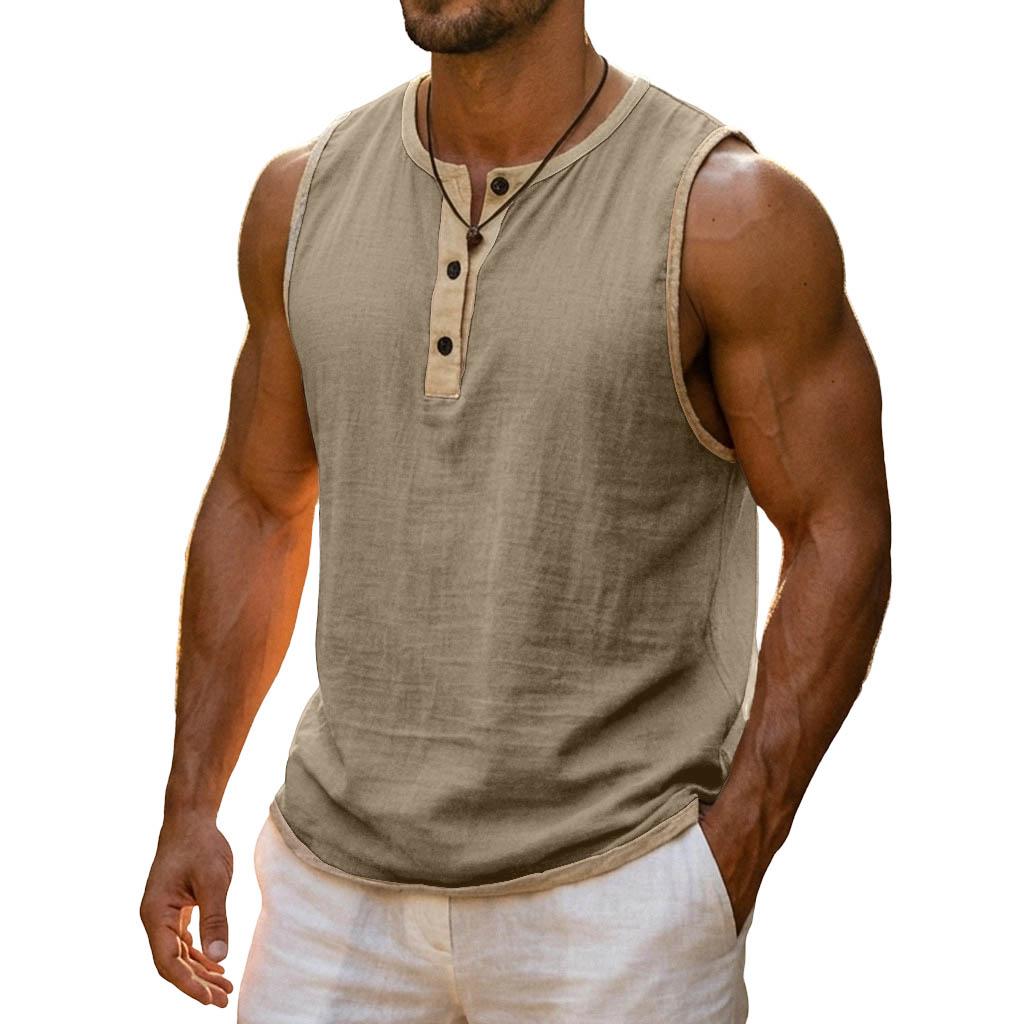 Men Color Block Sleeveless Muscle Workout Gym Shirts Casual Button Down Slim Fit Tee