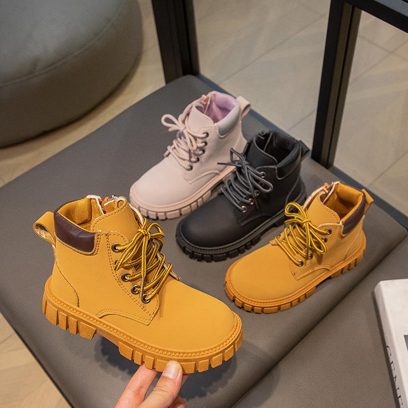 Autumn and Winter  Boy Girl Short Boots Non-Slip British Style Boots Children's Side Zipper Design Single Boots Leather Boots Anti-skid