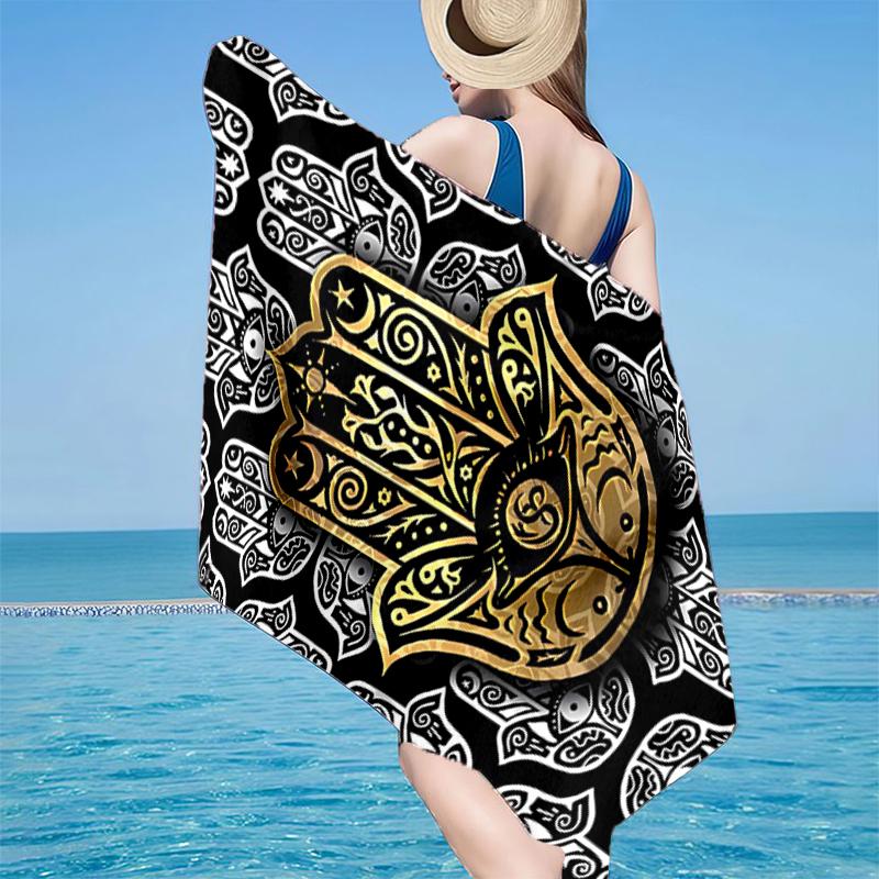 Golden Hamsa Symbol Beach Towel, Super Soft Microfiber, Gift for Her/Him, Birthday, for Pool, Beach, Travel, Home Decor Fan gifts