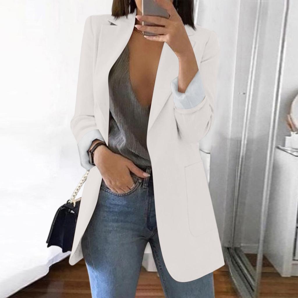 Women Solid Open Front Pockets Cardigan Formal Suit Long Sleeve Blouse Coat