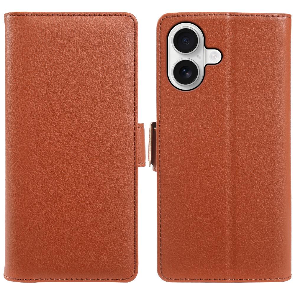 For iPhone 16 Wallet Case with Dual Magnetic Clasp Litchi Textured Leather Flip Stand Phone Cover
