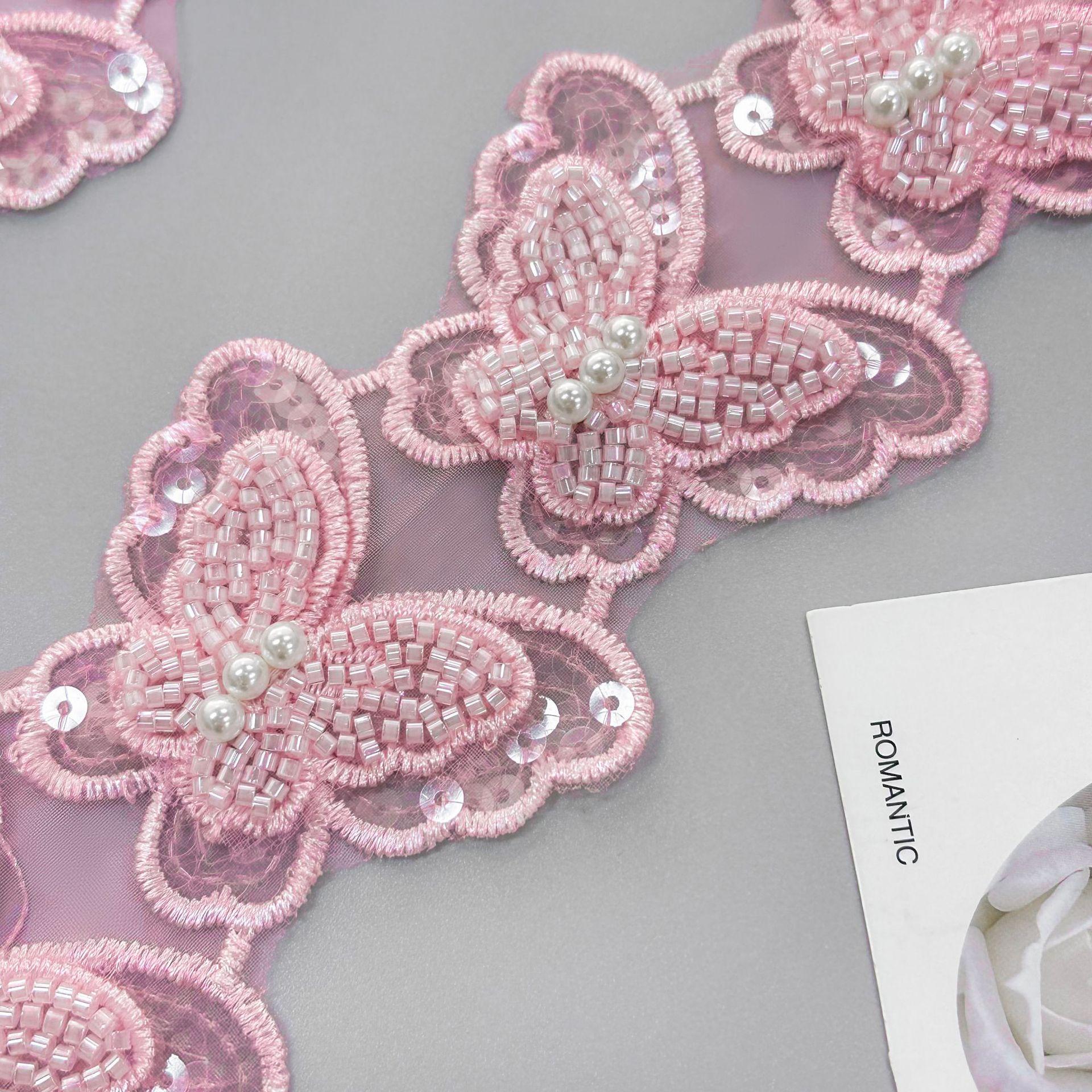 

Изысканная многоцветная ручная вышивка бисером, декоративная бабочка, аксессуары для одежды, аксессуары для волос, аксессуары для сумок, кружевная бабочка, кружевные аксессуары TW246 pink beads 17 in one yard