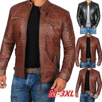Men's European & American Stand Collar Punk Motorcycle Leather Jacket E8U533