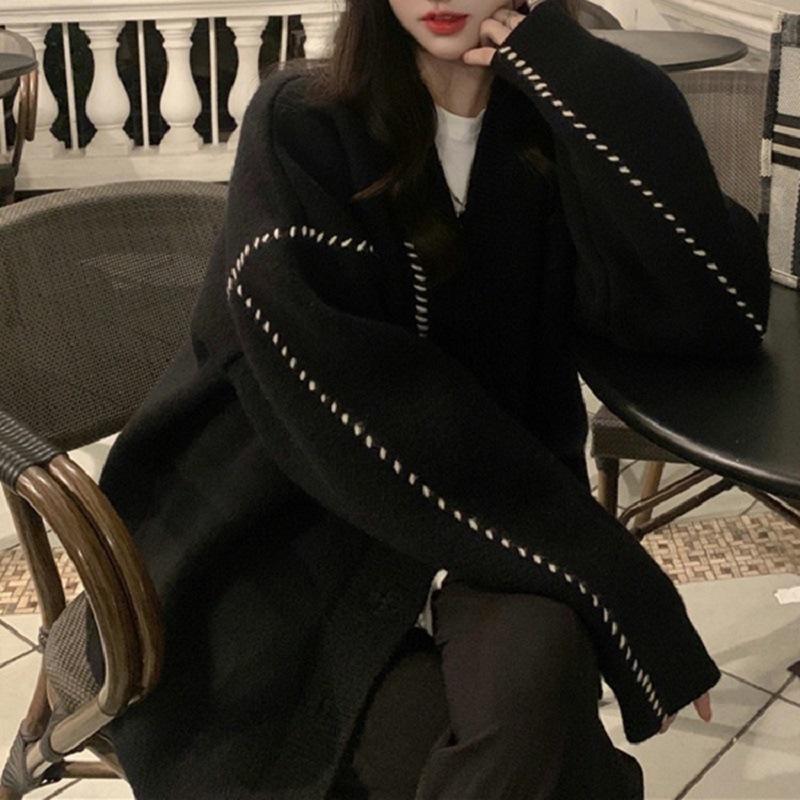 

Женский жакет в ленивом стиле, осенне-зимний, большого размера, женский трикотажный кардиган с V-образным вырезом и контрастной расцветкой, модная универсальная модель в стиле колледжа 46-253 (average size) чёрный