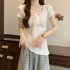 Summer Short Sleeve Women's Solid O-Neck irregular Pullovers korean Lace ribbon t-Shirts y2k Tops Female Slim pure cotton Tees
