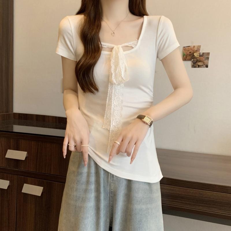 Summer Short Sleeve Women's Solid O-Neck irregular Pullovers korean Lace ribbon t-Shirts y2k Tops Female Slim pure cotton Tees