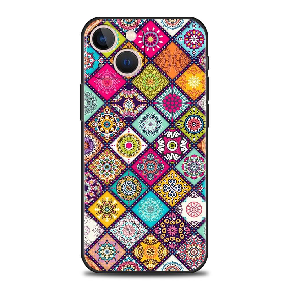 Mandala flower totem Luxury Phone Case For iPhone 13 15 14 12 11 Pro MAX XR X SE XS 7 8 Plus Silicone Black Protection Cover