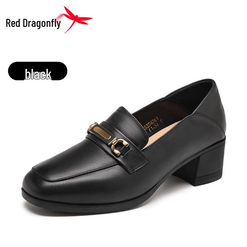 Red Dragonfly Women's Autumn 2025 Genuine Leather Flats - Thick Low Mid Heels, Square Toe Loafers