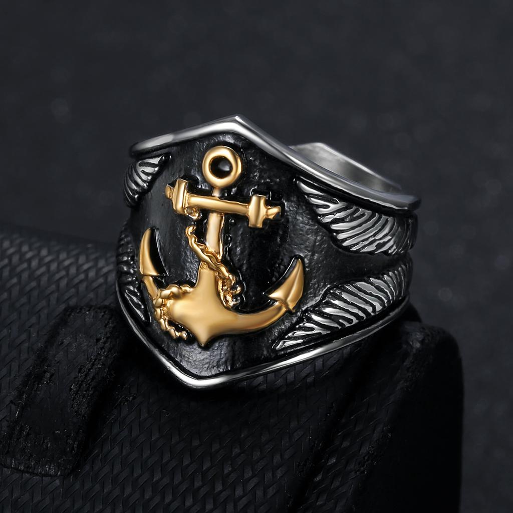 Nový personalizovaný a módny severský vikingský retro kotviaci prsteň s motívom lode, pánsky prsteň zo série Blackening Pirate.