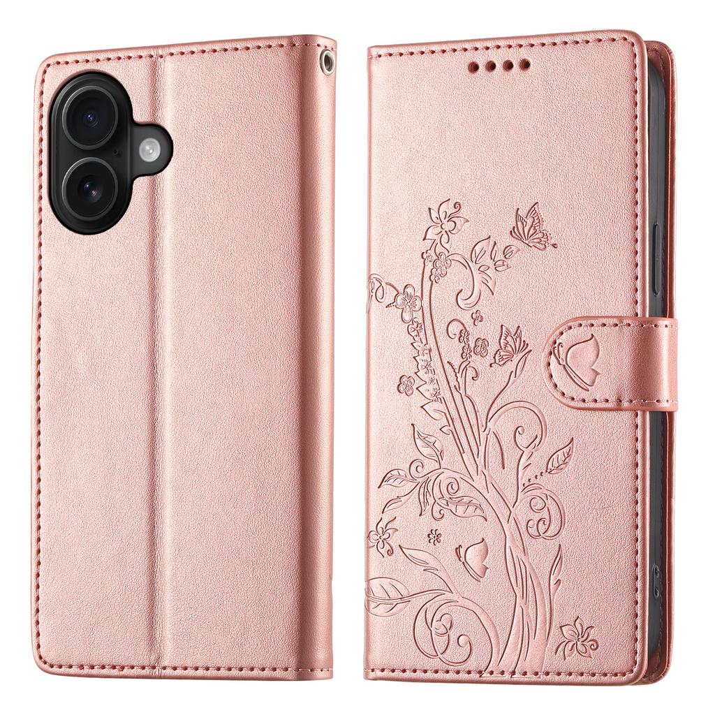 For iPhone 16 Wallet Case Butterfly Floral Imprint PU Leather Phone Cover with Wrist Strap