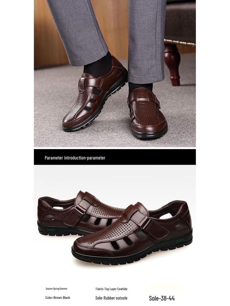 Sandalias de Conducción de Cuero de Suela Blanda para Hombre - Business Casual, Diseño Hueco para Mediana Edad y Ancianos