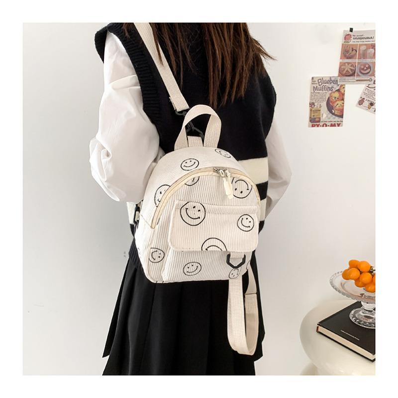 Smiley Face Cotton Backpack for Women, Soft Wavy Quilted Shoulder Bag with Handle, Street Style Casual Daypack
