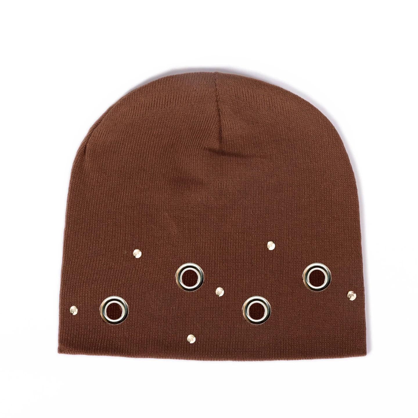 

2025 Autumn Winter Korean Style Metal Eyelet Knitted Hat Man Woman Casual Hip Hop Punk Beanie Skull Cap One Size коричневий