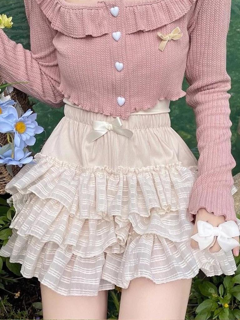 Lolita Bow Mini Skirt for Women Sweet Cute Ruffled Cake Skirt Lace Elastic Waist Casual Japanese Style Clothing