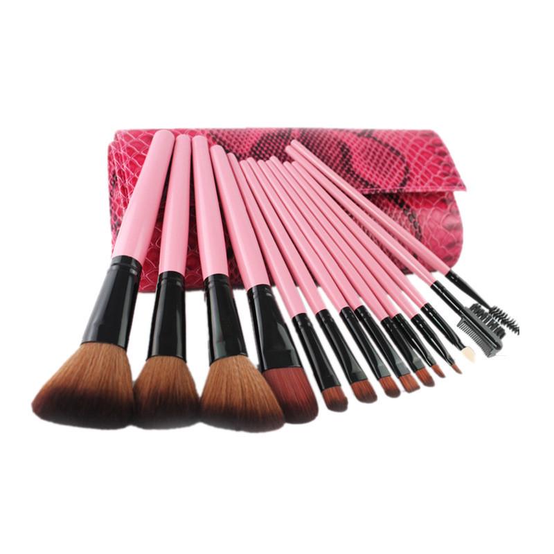

15 шт. Набір кистей для макіяжу Косметична щіточка Щітка для гребінця для брів із згорнутим набором сумки зі зміїним малюнком рожевий