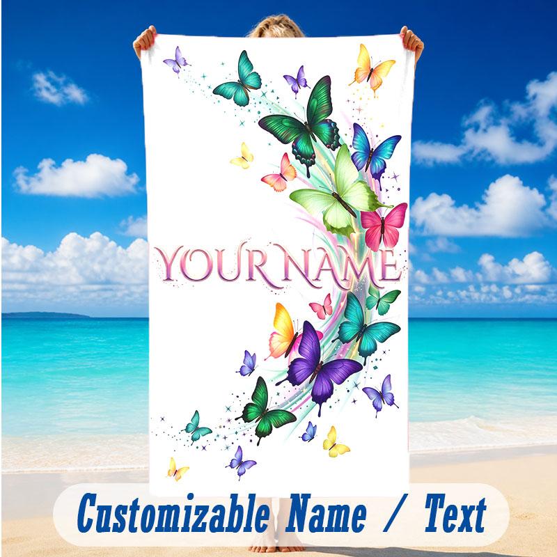 Butterfly Theme Beach Towel Personalized Custom Name & Text Soft Quick Dry Beach Towel for Swimming Travel