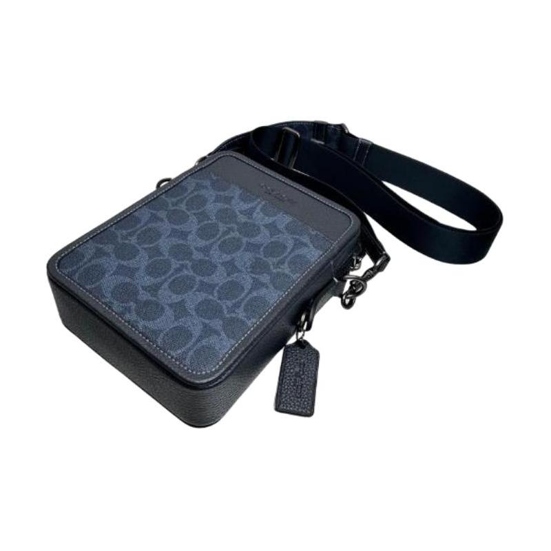 COACH Sullivan 16 Classic Print Zipper Closure Leather Shoulder Bag Small Men's Blue