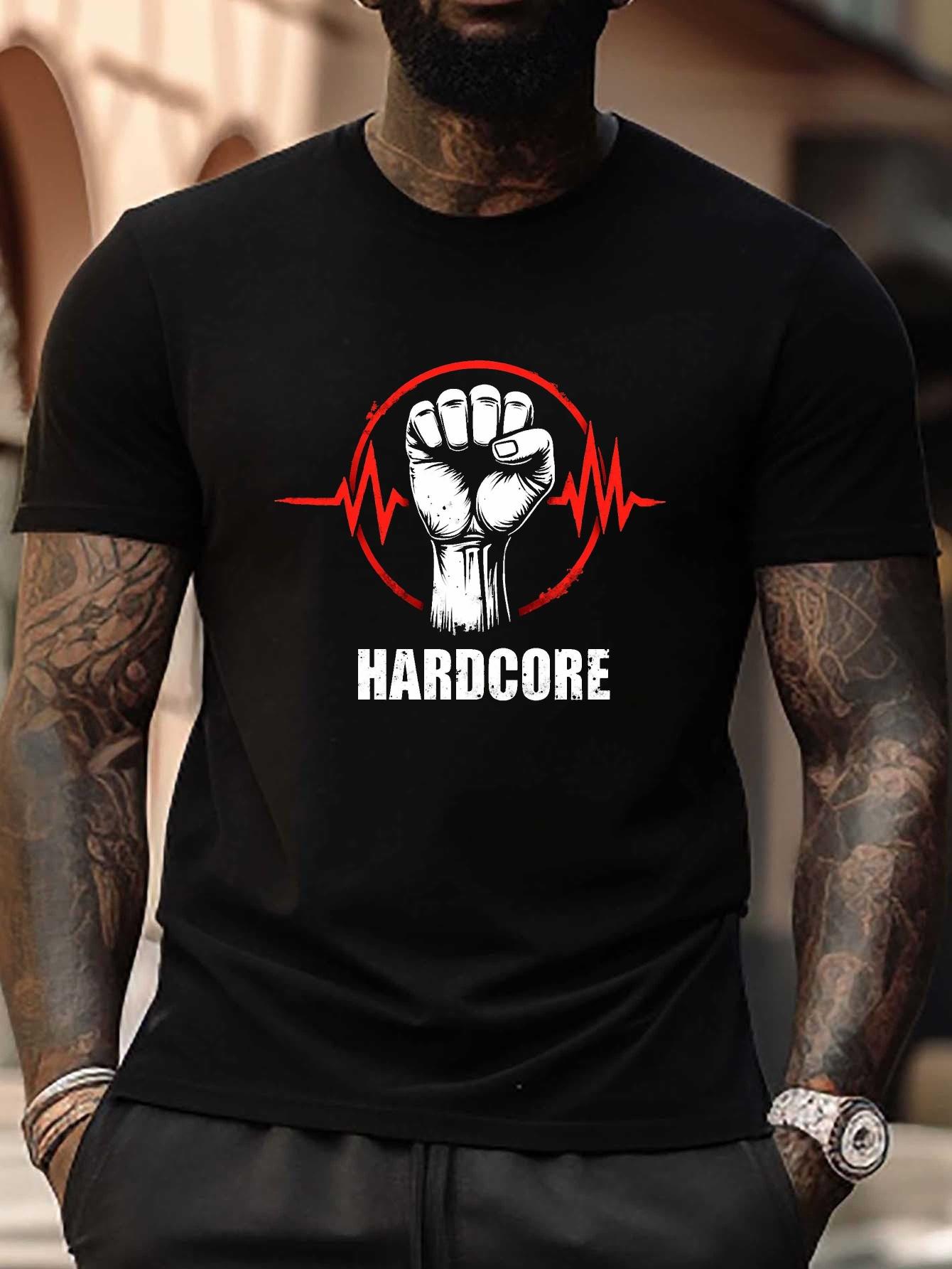 Hardcore Fist EKG Heartbeat Graphic T-shirt - Plus Size Black with Red/White Geometric Design L