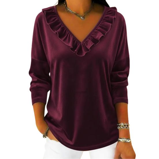 Women Tops V Neck Long Sleeve Ruffle Neckline Pullover Tops Solid Color Loose Fit Velvet Blouse Work Party Date Wear