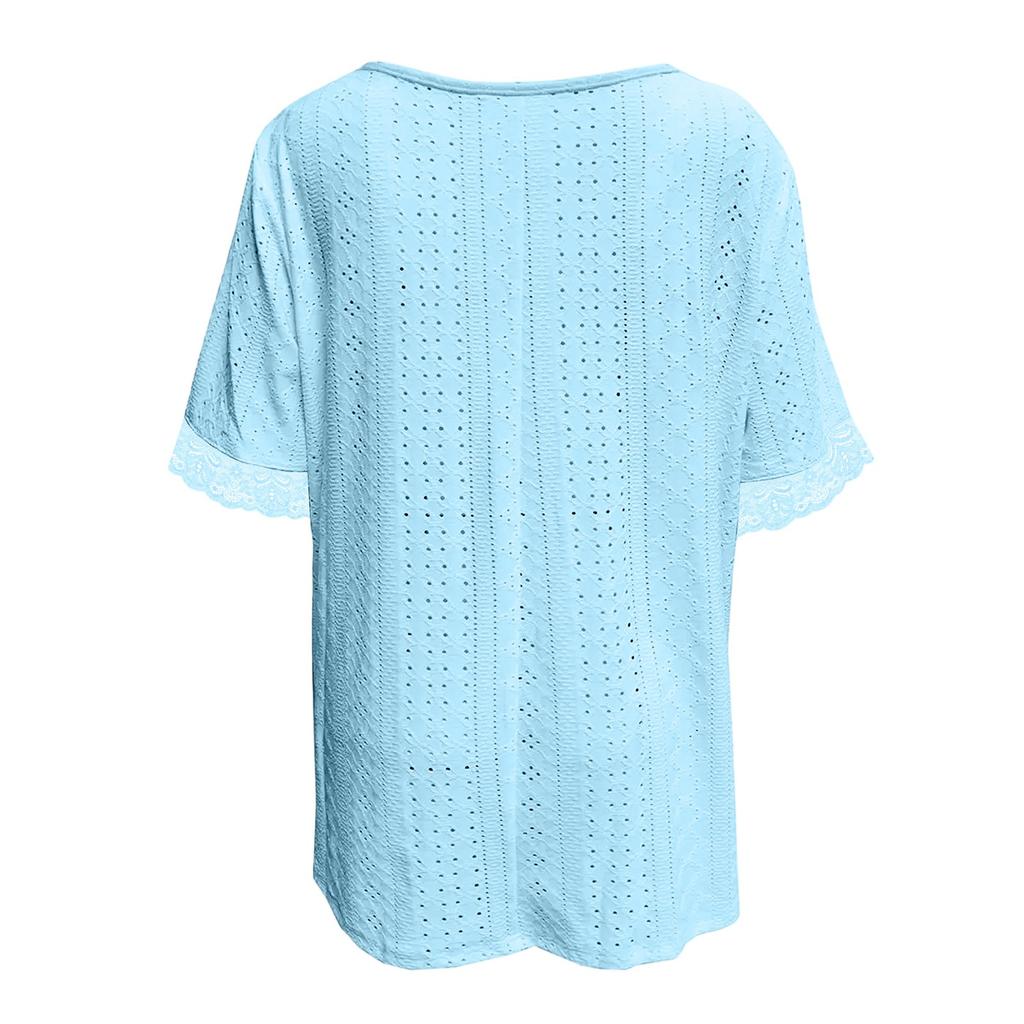 Women's Solid Color V-neck Loose Short Sleeved Pleated T-shirt Top