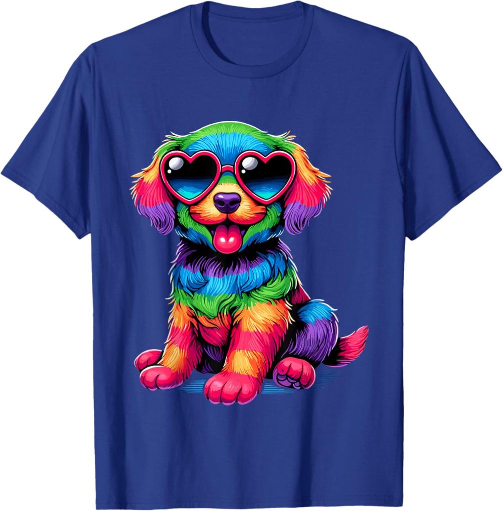 Rainbow Furry Dog With Heart Sunglasses Graphic Print Cotton T-Shirt Casual Trip Wear