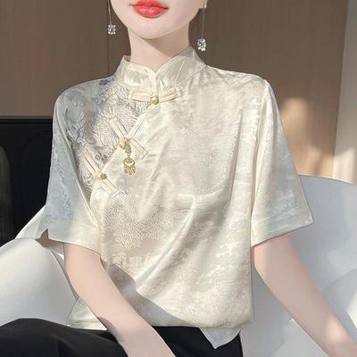 Camisa Contemporânea Chinesa de Cetim de Seda de Amora de Manga Curta com Gola Alta e Botão Panelinha Design Retrô
