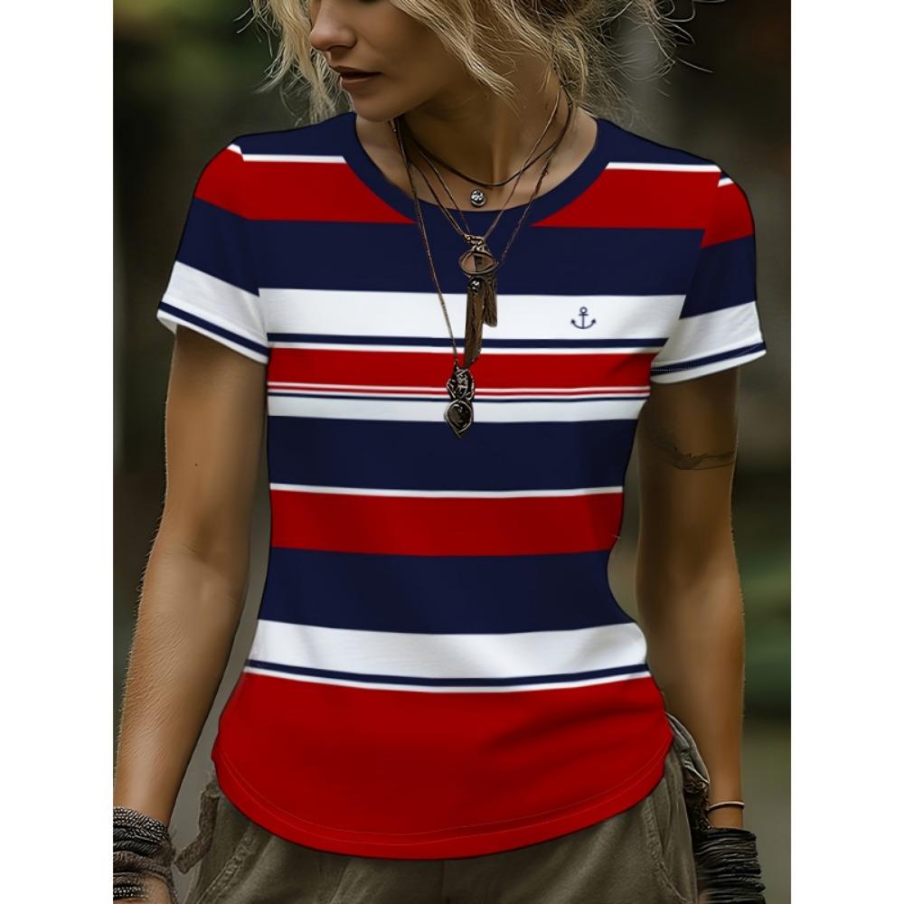 Damen Stylisches Geometrisches Grafik-T-Shirt Rundhals Kurzarm Lässig